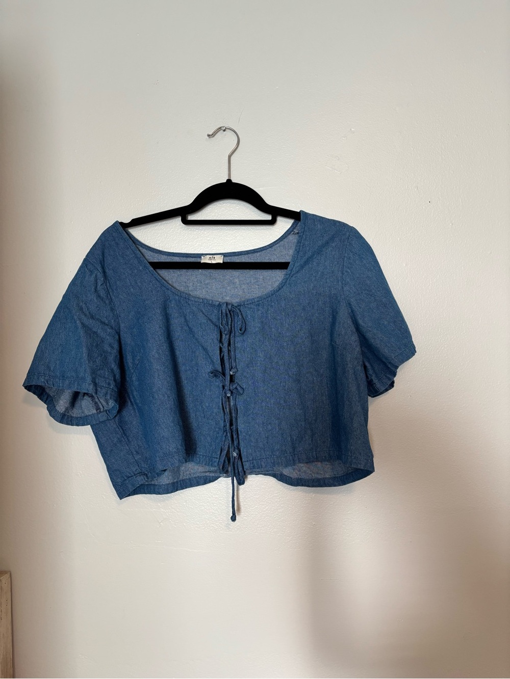 Blue Denim-Look Tie-Front Crop Top